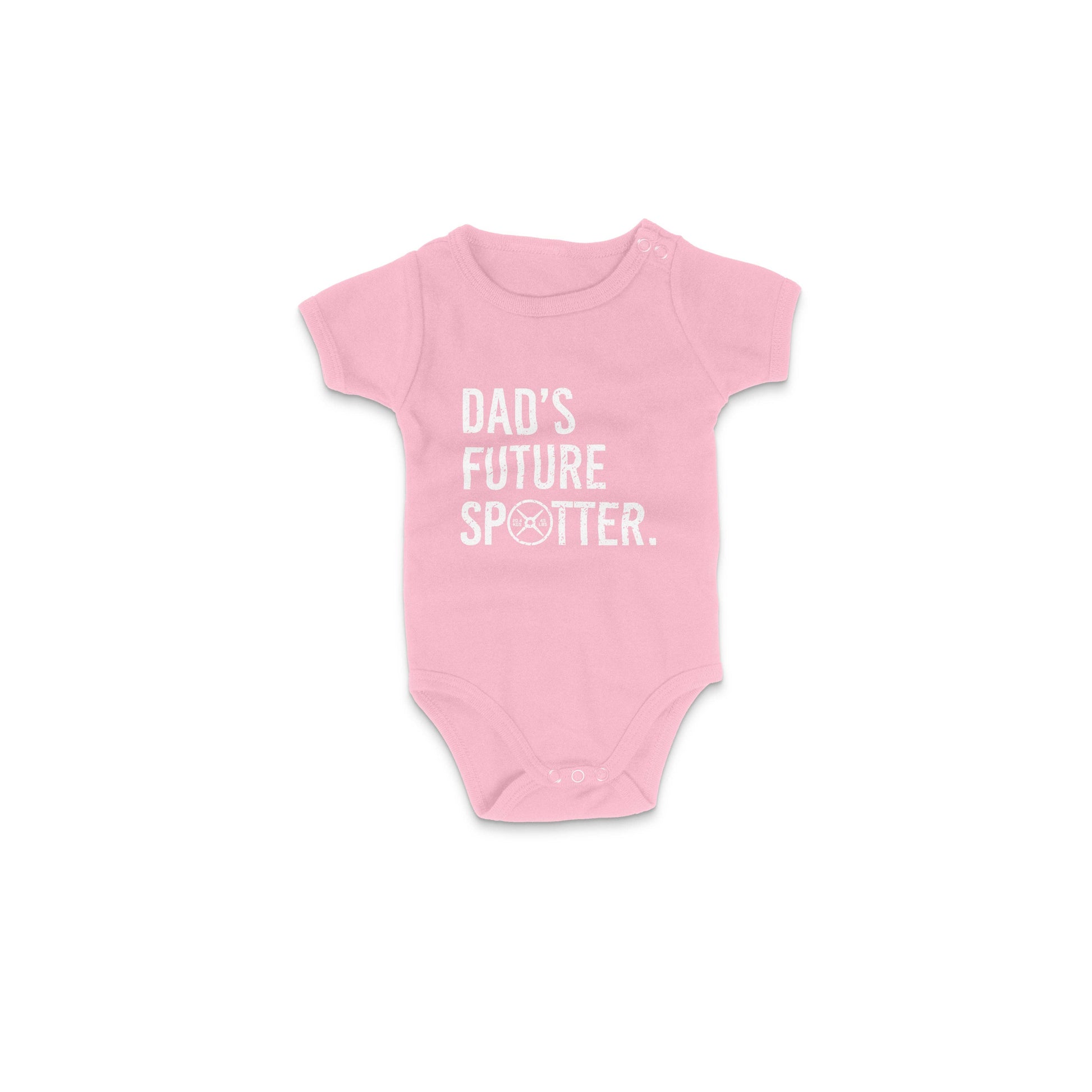 Pink baby onesie with 'Dad's Future Spotter' text on a white background