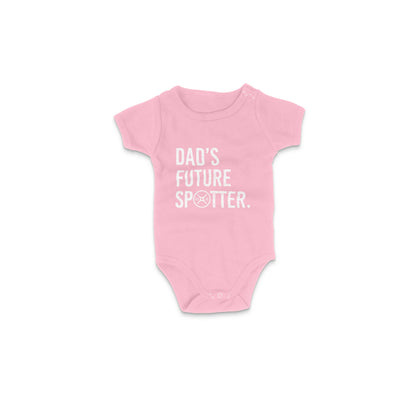 Pink baby onesie with 'Dad's Future Spotter' text on a white background