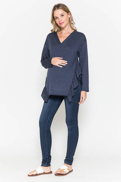 Maternity V-Neck Frill Ruffle French Terry Solid Basic Top