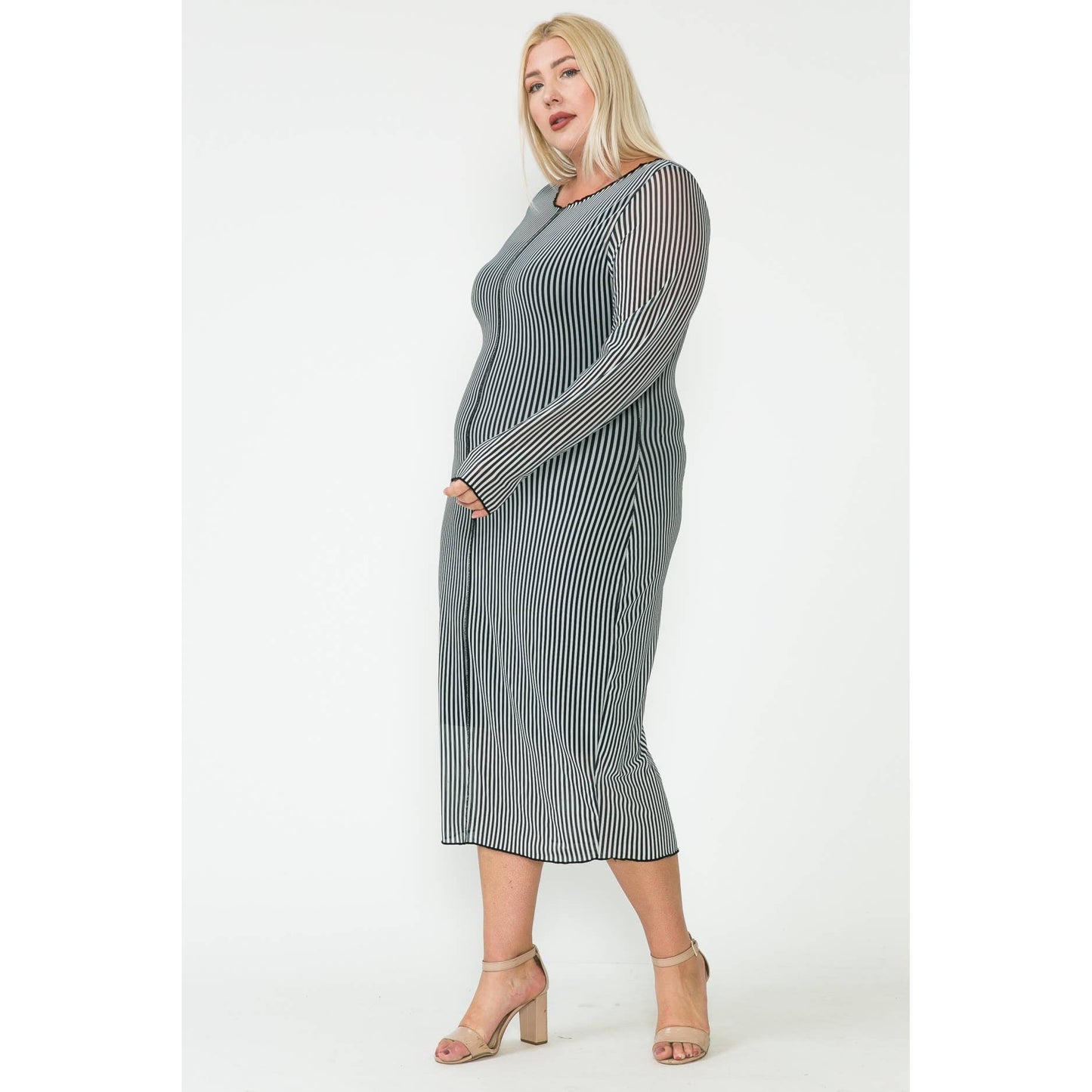 Plus Size Mesh & Solid Midi Dress