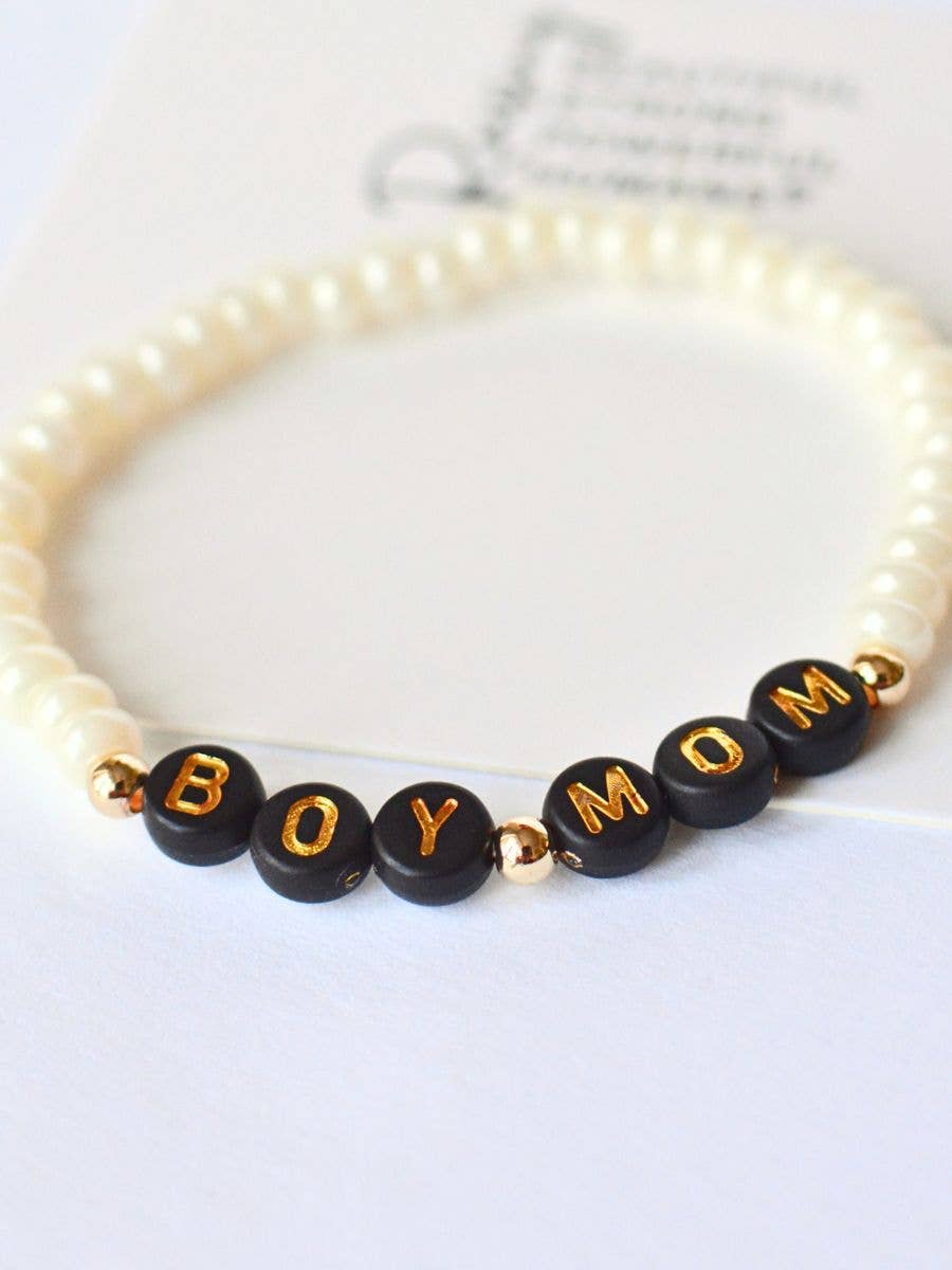 Boy Mom Black and Gold Beaded Pearl Stretch Bracelet