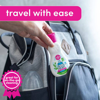 Hand holding a bottle of cleaning solution over a suitcase with text 'travel with ease' and 'great for on-the-go cleaning'.