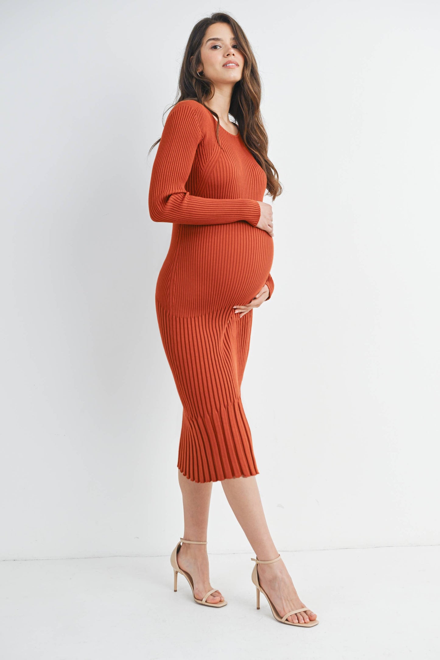Ribbed Knit Long Sleeve Maternity Midi Dress