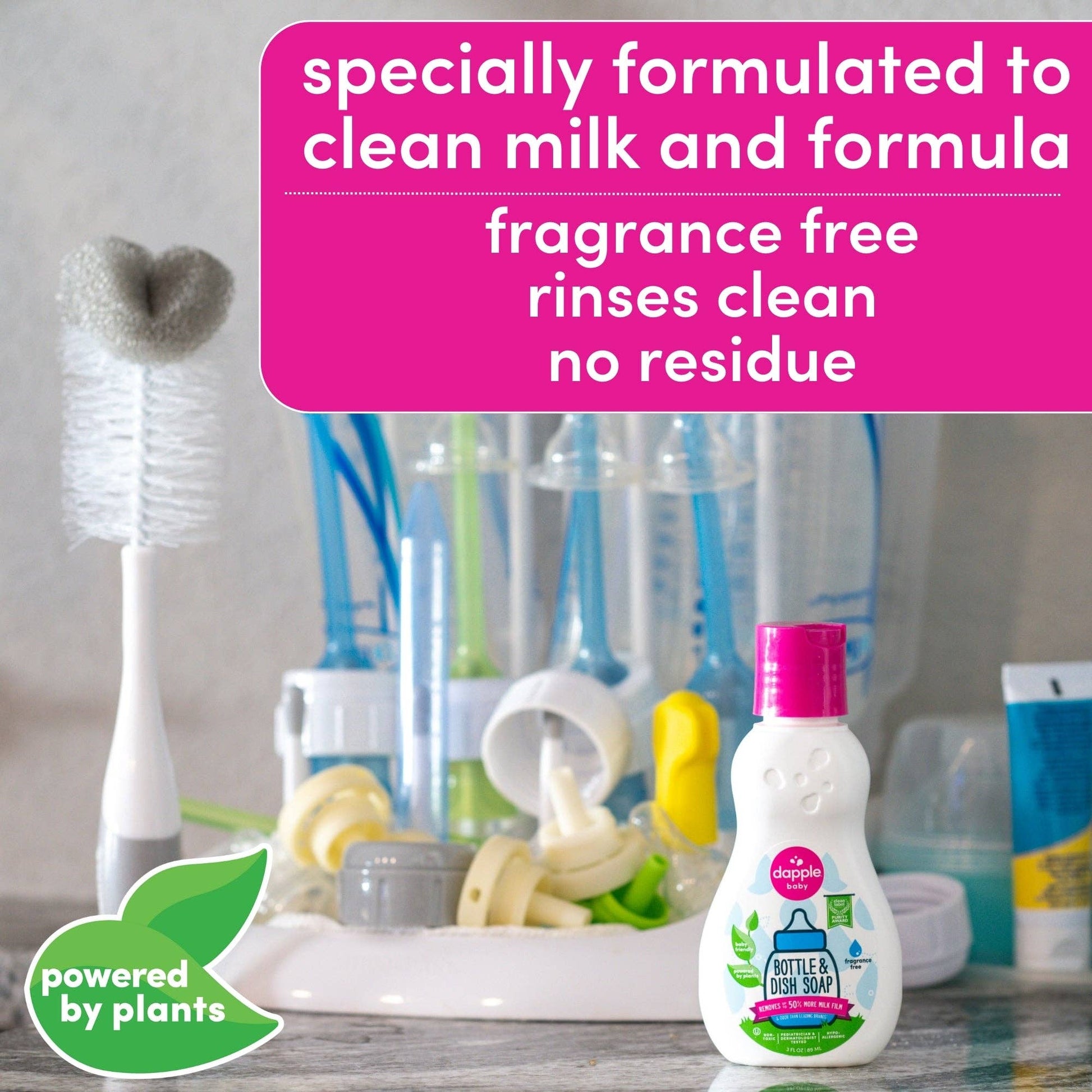 Bottle brush and cleaning supplies with a bottle of dish soap on a table, featuring text about product features.