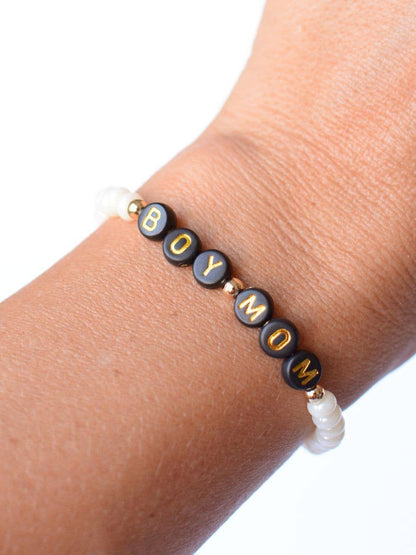 Boy Mom Black and Gold Beaded Pearl Stretch Bracelet