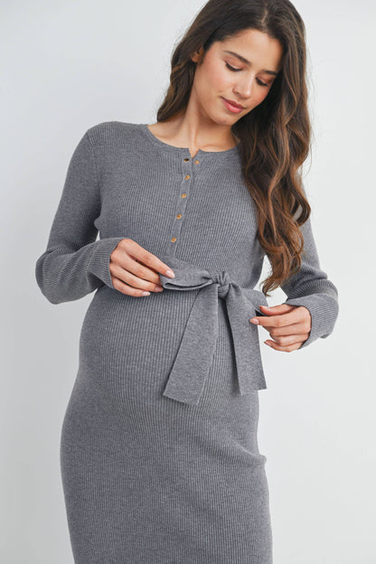 Ribbed Button Front Belted Maternity Midi Dress