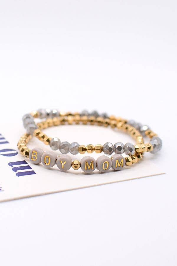 Boy Mom Gold & Gray Beaded Stretch Stack