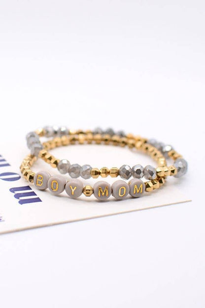 Boy Mom Gold & Gray Beaded Stretch Stack
