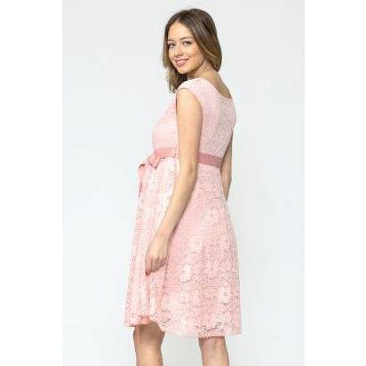 Floral Lace Satin Waist Tie Maternity Dress
