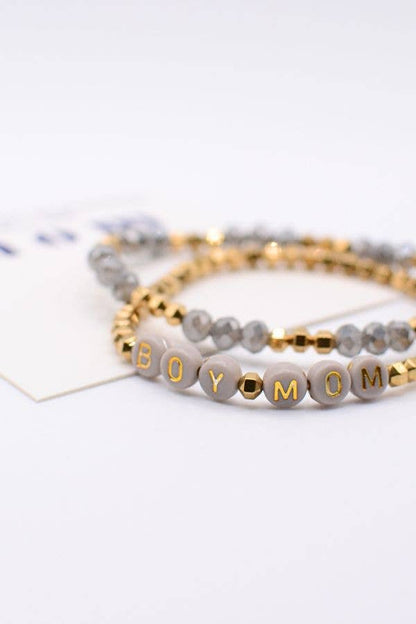Boy Mom Gold & Gray Beaded Stretch Stack