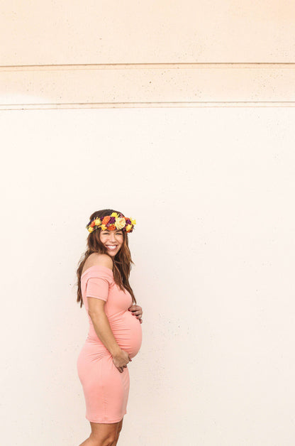 Peachy Pink Bump and Beyond Bardot Maternity Dress