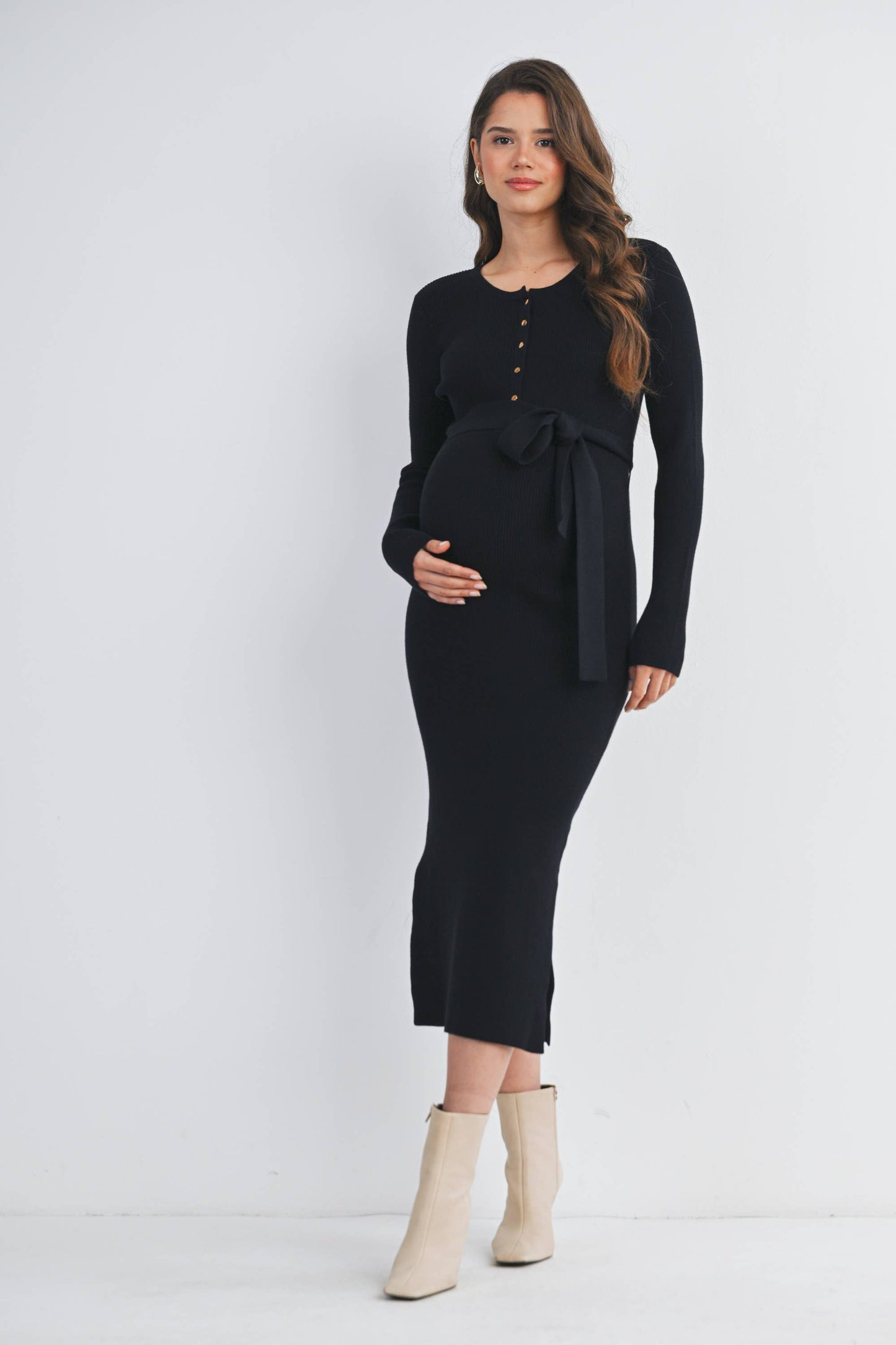Ribbed Button Front Belted Maternity Midi Dress