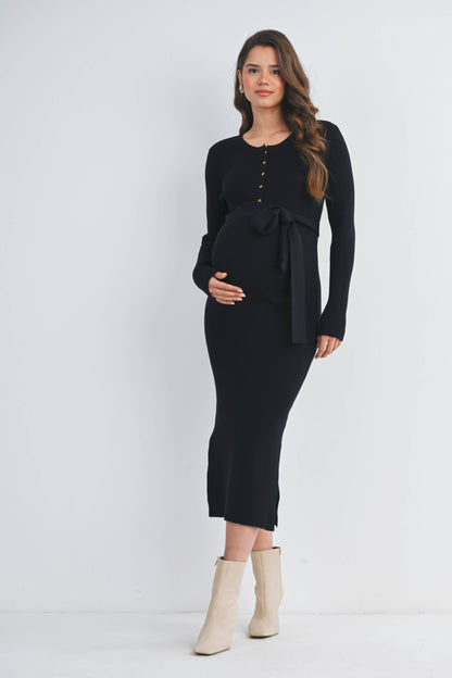 Ribbed Button Front Belted Maternity Midi Dress