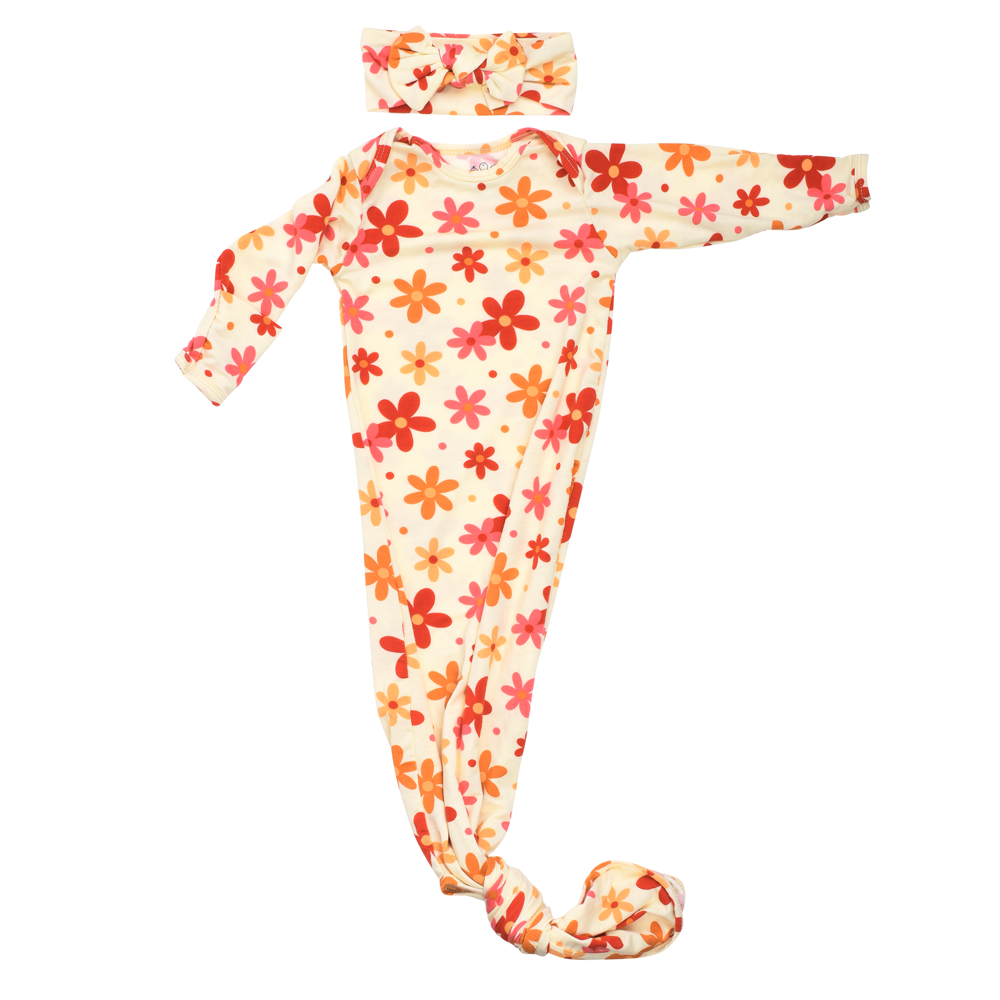 Three Little Tots 70s Groovy Flower Knotted Newborn Baby Gown