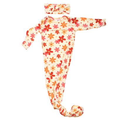Three Little Tots 70s Groovy Flower Knotted Newborn Baby Gown
