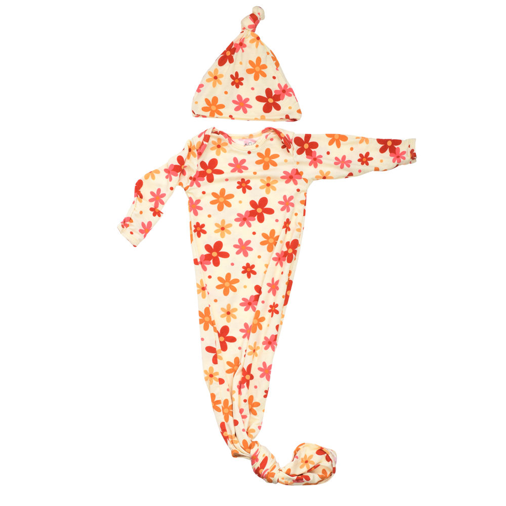 Three Little Tots 70s Groovy Flower Knotted Newborn Baby Gown