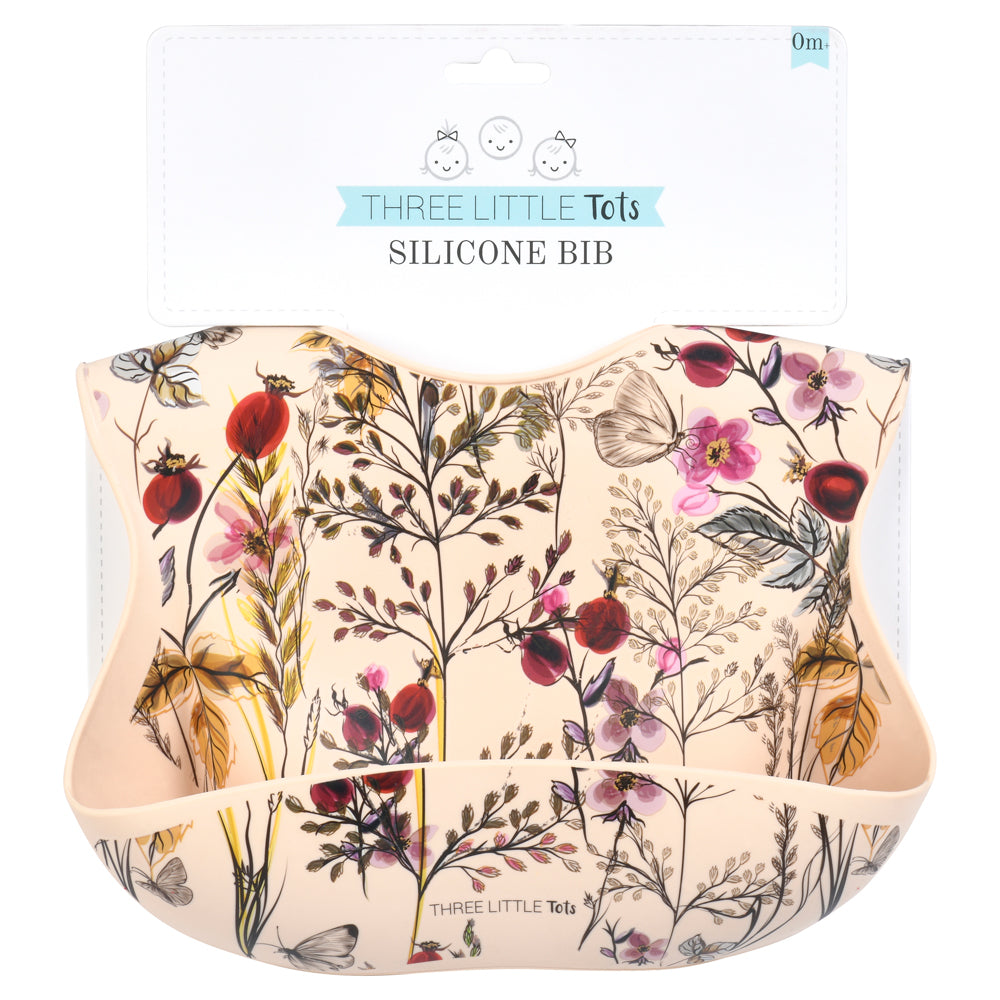 Three Little Tots Floral Silicone Bib with Crumb Catcher