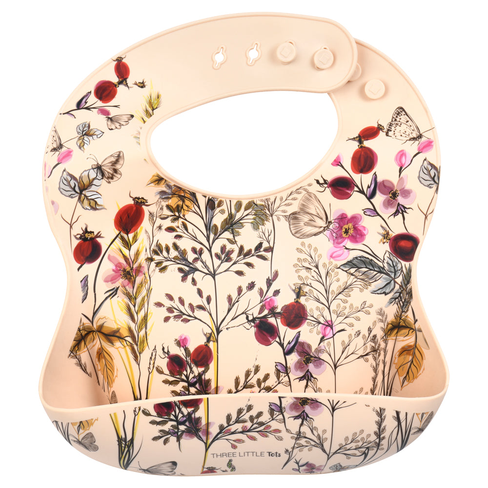 Three Little Tots Floral Silicone Bib with Crumb Catcher