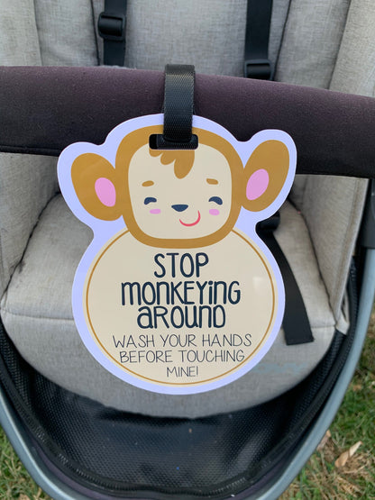 Three Little Tots Monkey Wash Your Hands No Touching Newborn Baby Car Seat Sign Tag