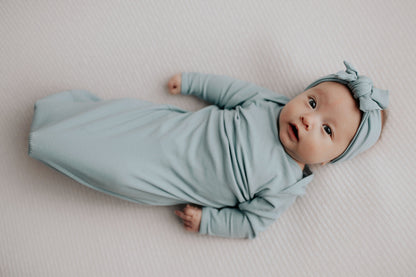 Three Little Tots Blue Bird Ribbed Knotted Newborn Baby Gown