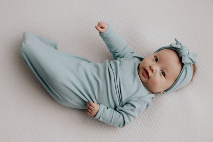 Three Little Tots Blue Bird Ribbed Knotted Newborn Baby Gown