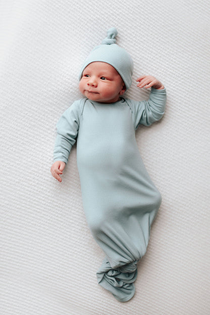 Three Little Tots Blue Bird Ribbed Knotted Newborn Baby Gown