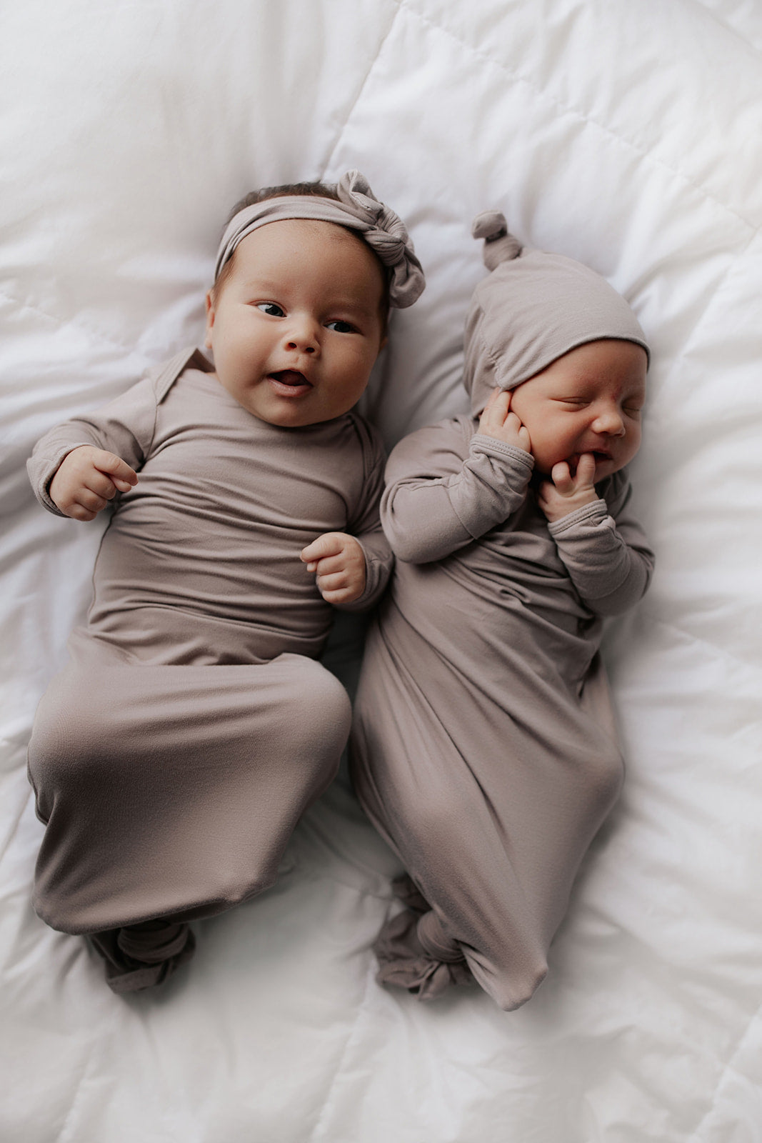 Three Little Tots Harbor Mist Neutral Knotted Newborn Baby Gown