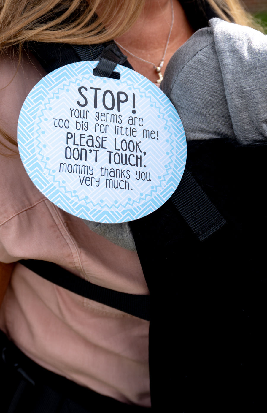 Three Little Tots Blue Stop No Touching Newborn Baby Car Seat Tag
