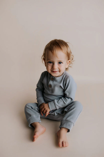 Three Little Tots Blissful Blue Baby Ribbed Playsuit with Pockets