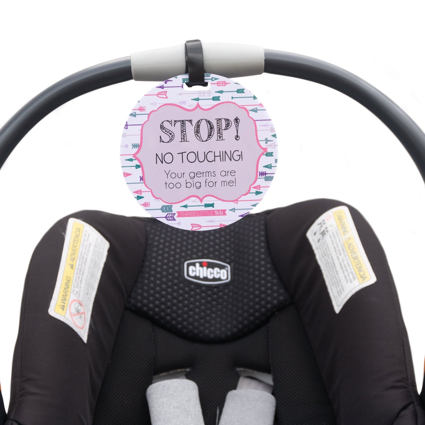 Three Little Tots Girl Arrows Stop No Touching Newborn Baby Car Seat Sign Tag