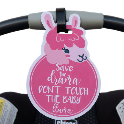 Three Little Tots Pink Llama No Touching Newborn Baby Car Seat Sign Tag