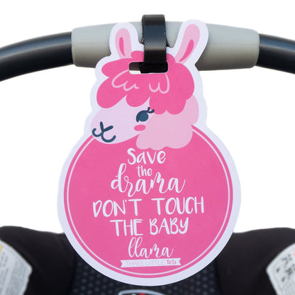 Three Little Tots Pink Llama No Touching Newborn Baby Car Seat Sign Tag