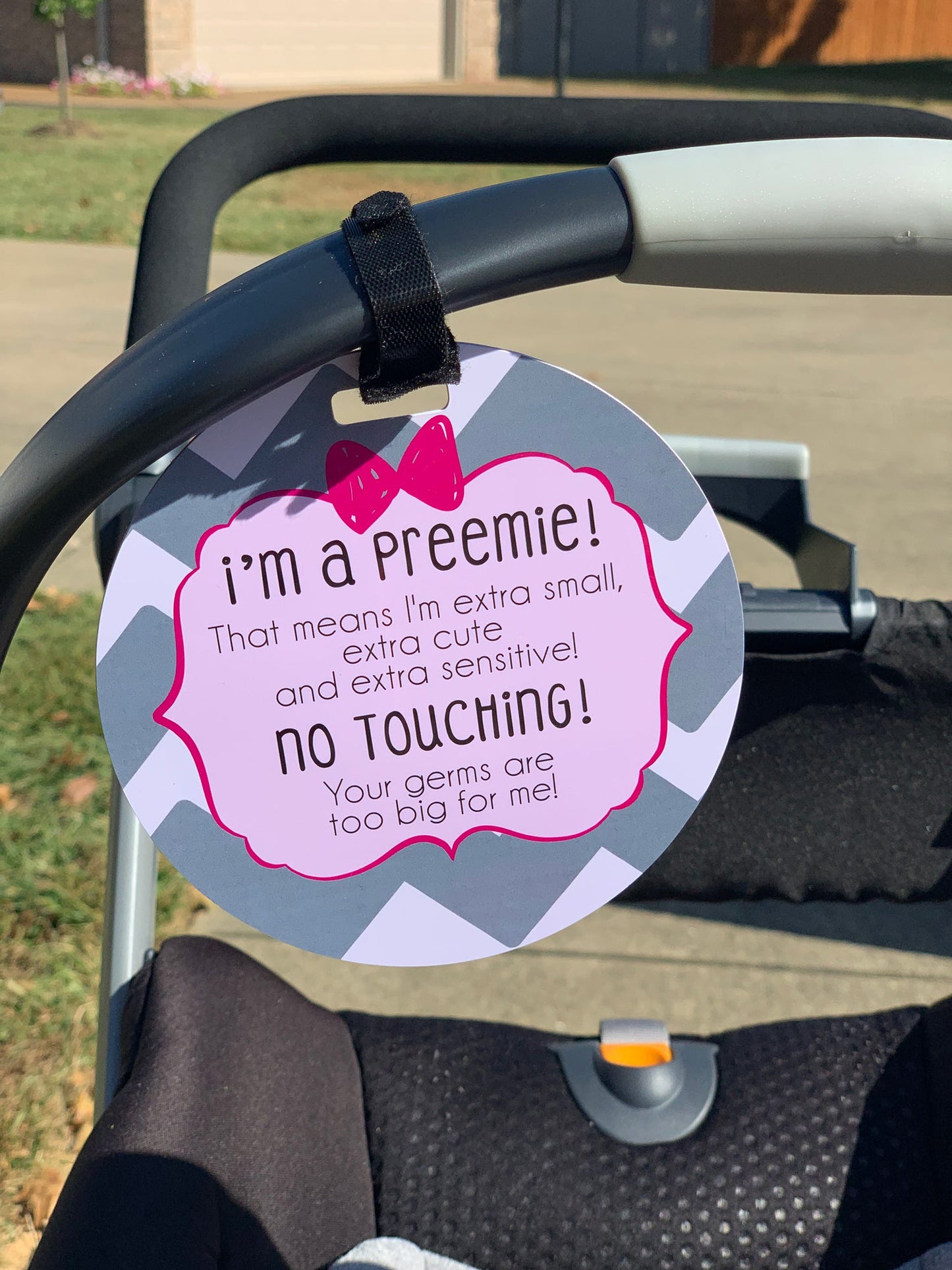 Three Little Tots Pink Preemie No Touching Newborn Car Seat Sign Tag