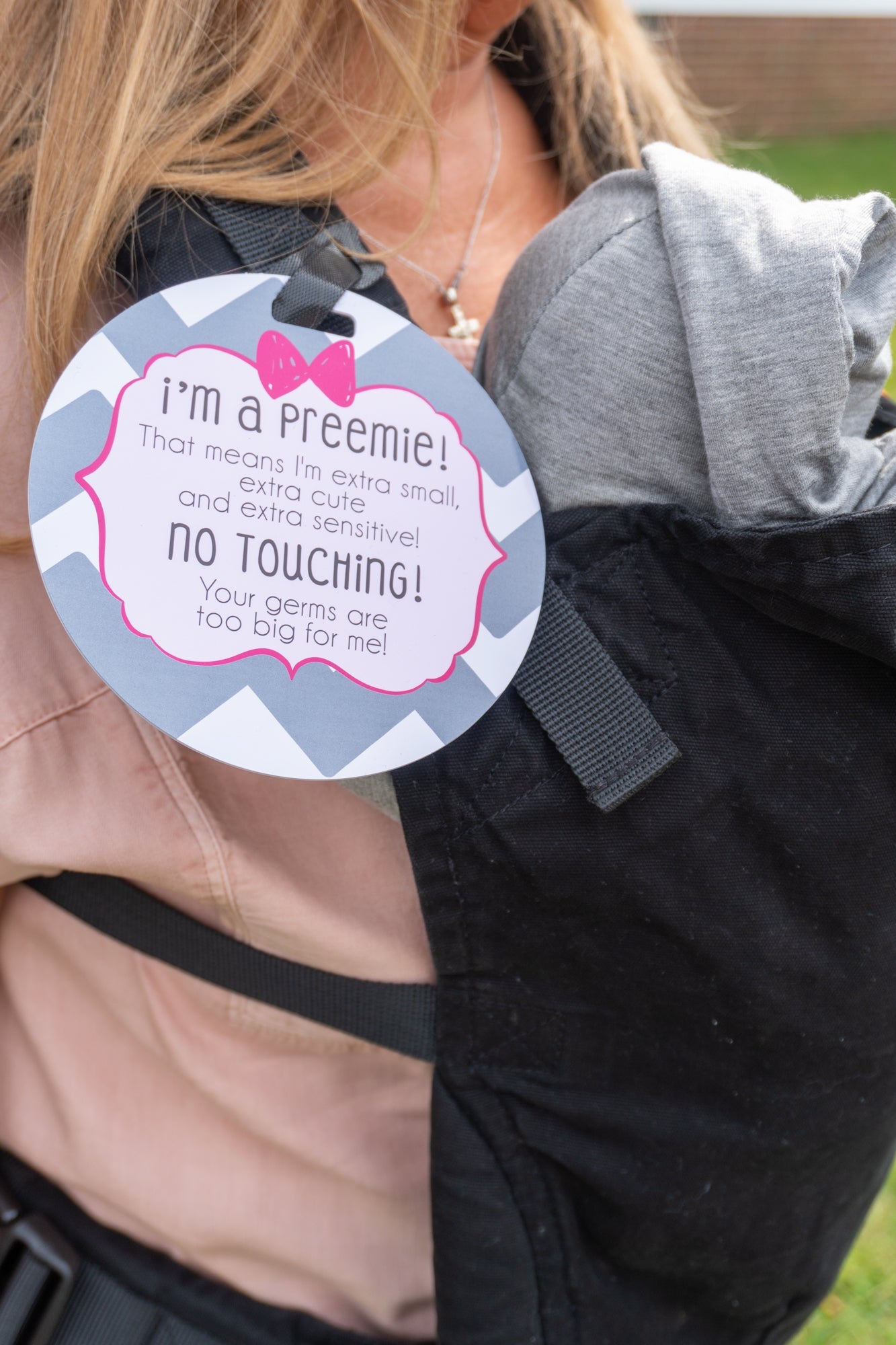 Three Little Tots Pink Preemie No Touching Newborn Car Seat Sign Tag
