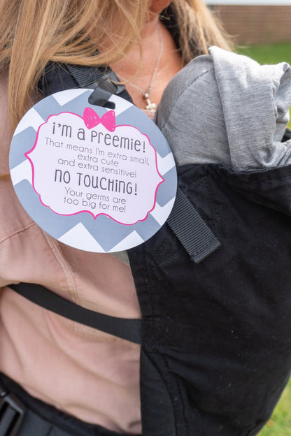 Three Little Tots Pink Preemie No Touching Newborn Car Seat Sign Tag