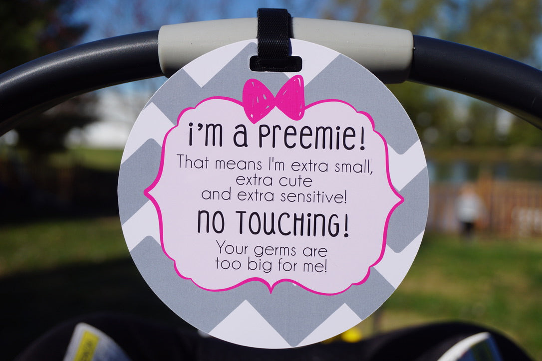 Three Little Tots Pink Preemie No Touching Newborn Car Seat Sign Tag