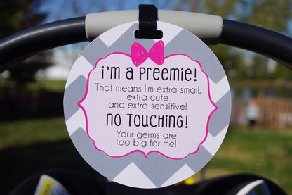 Three Little Tots Pink Preemie No Touching Newborn Car Seat Sign Tag
