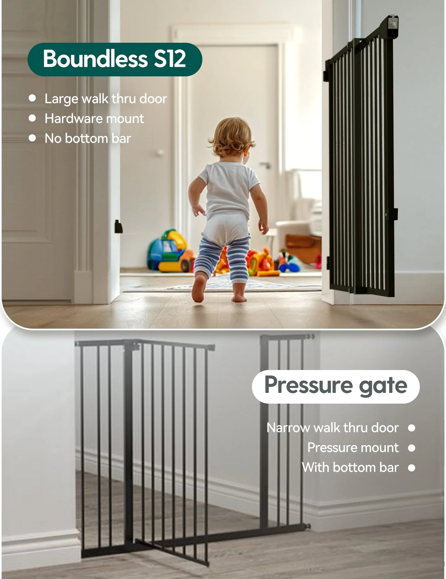 Babelio Boundless S12 | Ultra-Stable No Bottom Bar Baby Gate