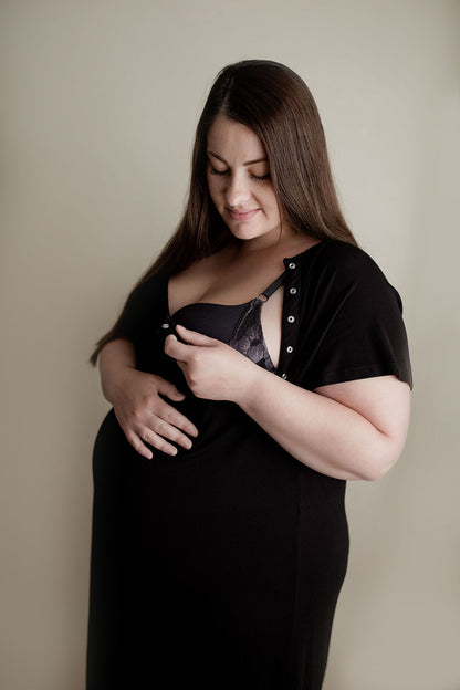 Three Little Tots Ribbed Black Labor and Delivery Nursing Hospital Gown
