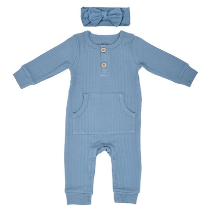 Three Little Tots Storm Blue Baby Ribbed Playsuit with Pockets