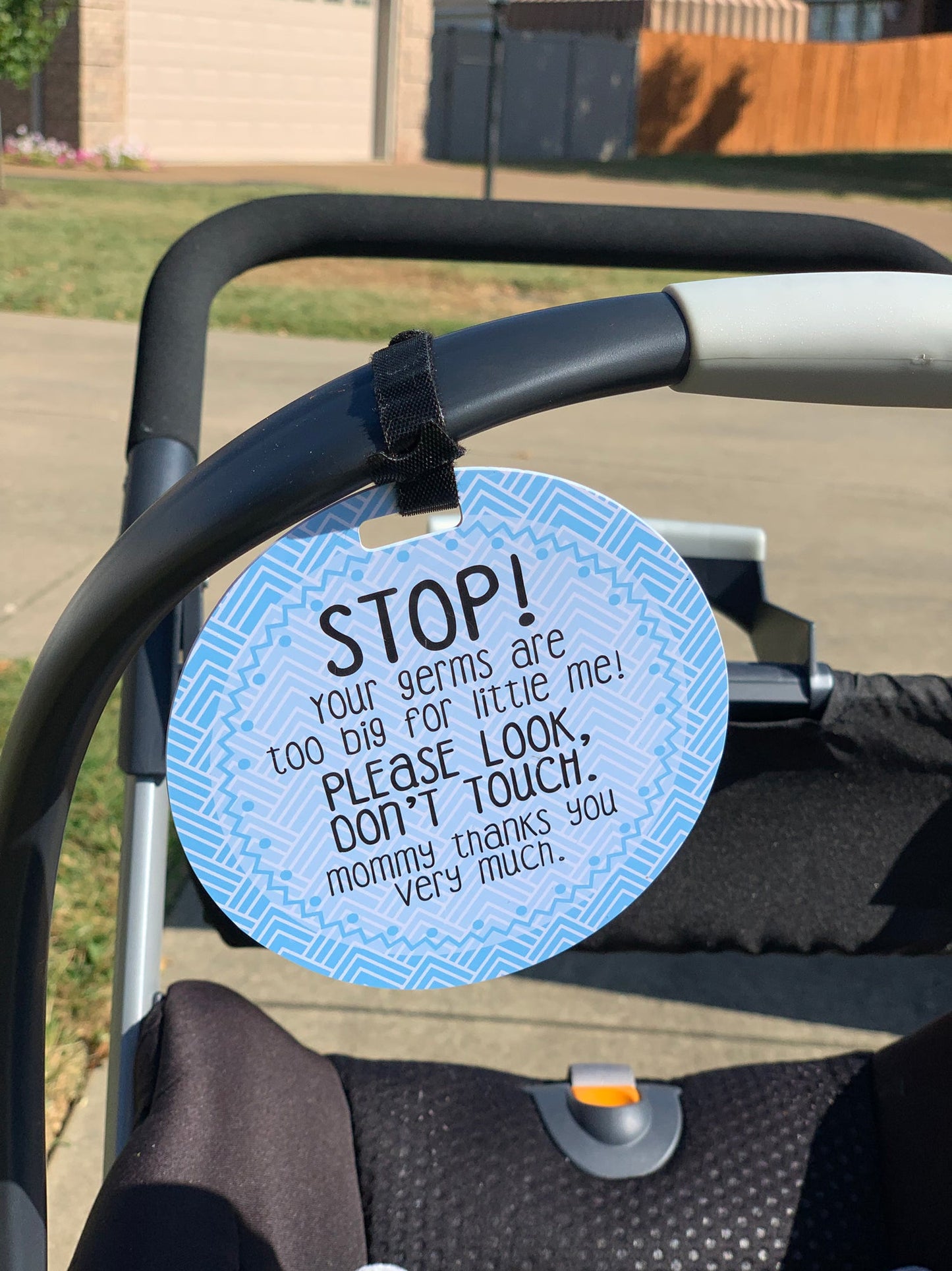 Three Little Tots Blue Stop No Touching Newborn Baby Car Seat Tag